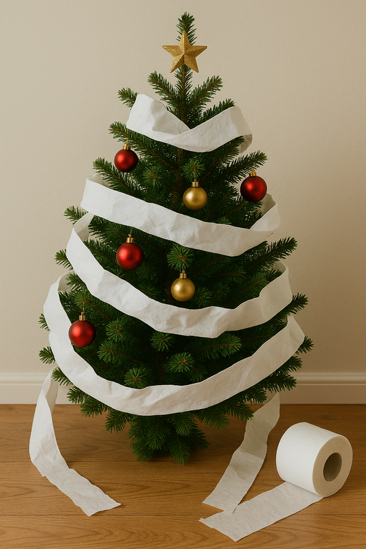 Wichtelstreich einfach - Klopapier um den Weihnachtsbaum gewickelt