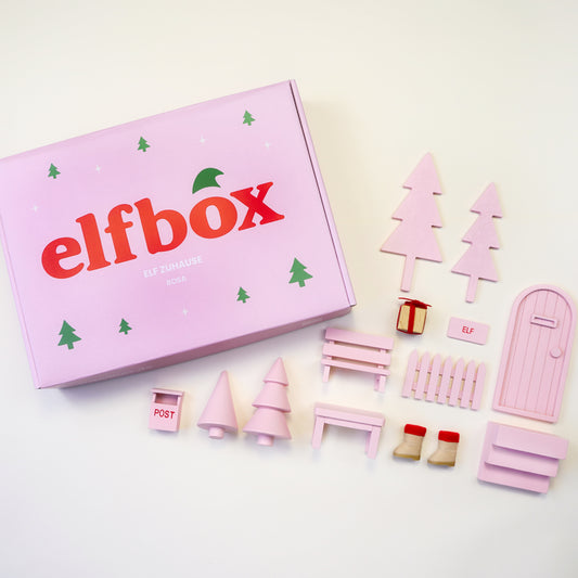 Wichteltür-Set Verpackung aus hochwertigem rosanem Karton und Wichteltür, Bäume, Zaun, Schuhe, Briefkasten und mehr in rosa