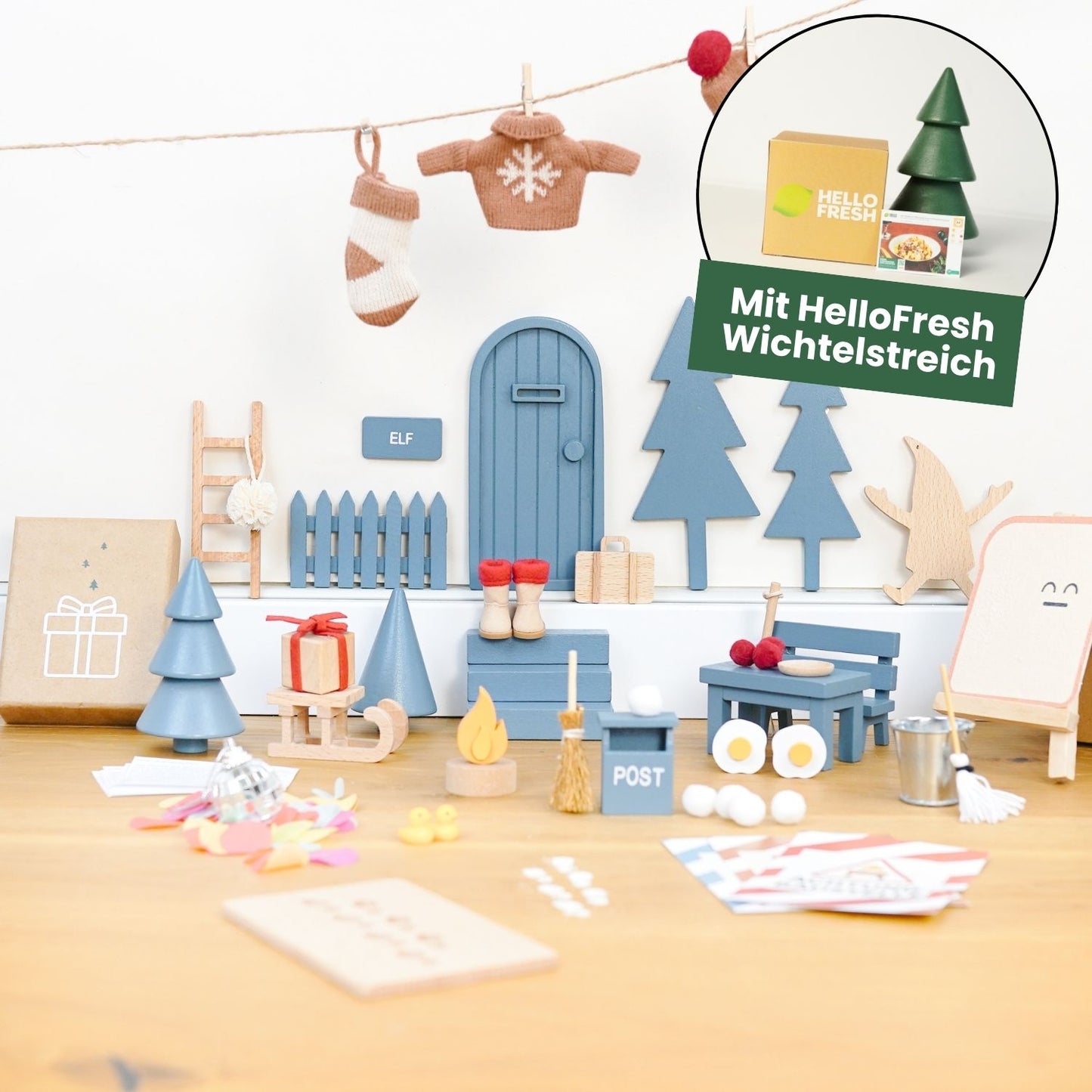 Wichtel Komplettset - Wichteltür & 26 Wichtelstreiche - Blau - mit HelloFresh Wichtelstreich