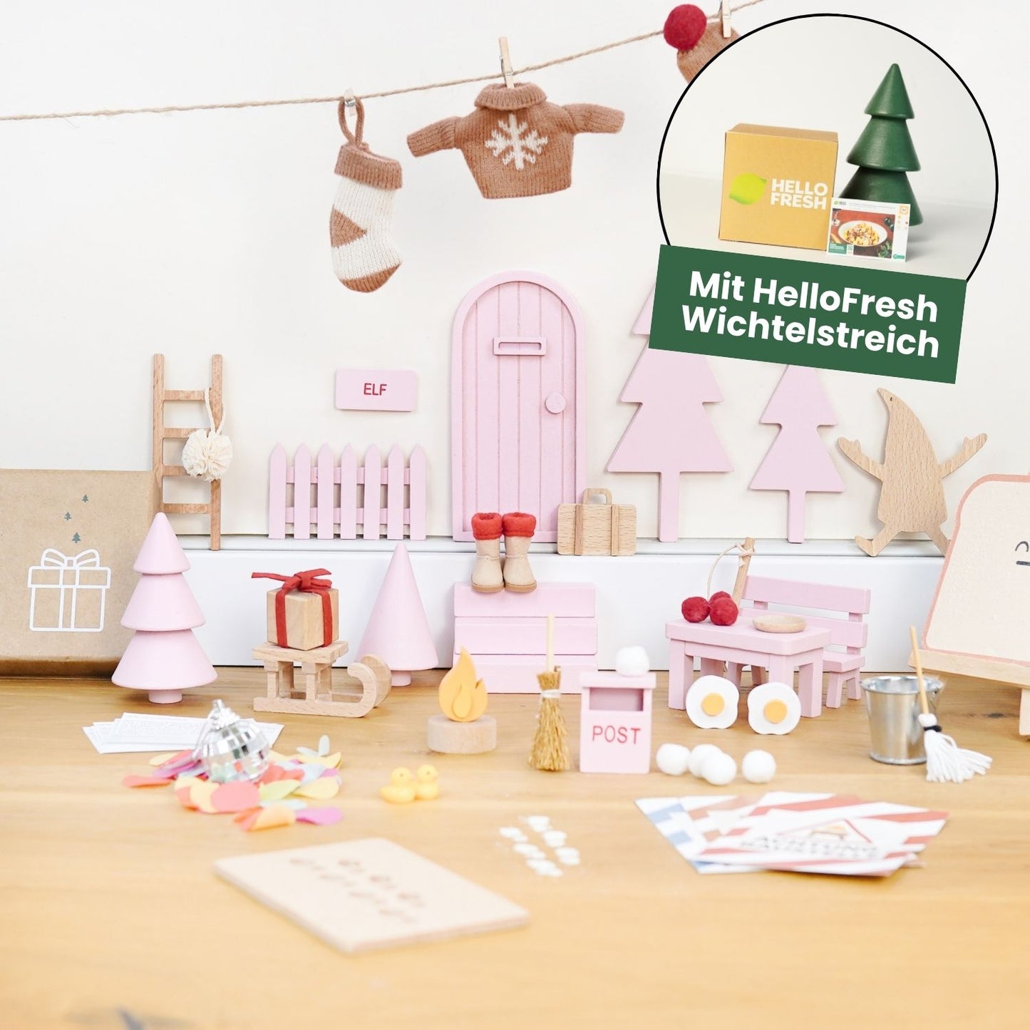 Wichtel Komplettset - Wichteltür & 26 Wichtelstreiche - Rosa - mit HelloFresh Wichtelstreich