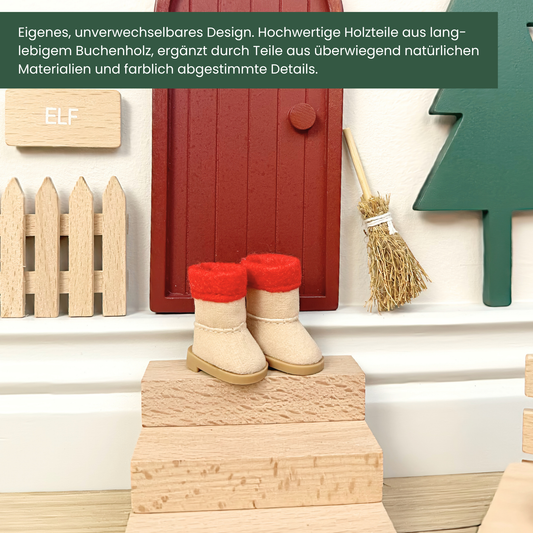 Wichtel Komplettset mit Buchenholz-Wichteltür & 26 Streichen - Klassik-Rot - Jahr 1